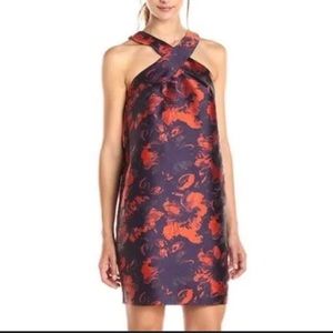 TRINA TURK Women's Red Navy Floral Tatia Criss Cross Neck Jacquard Dress size 12